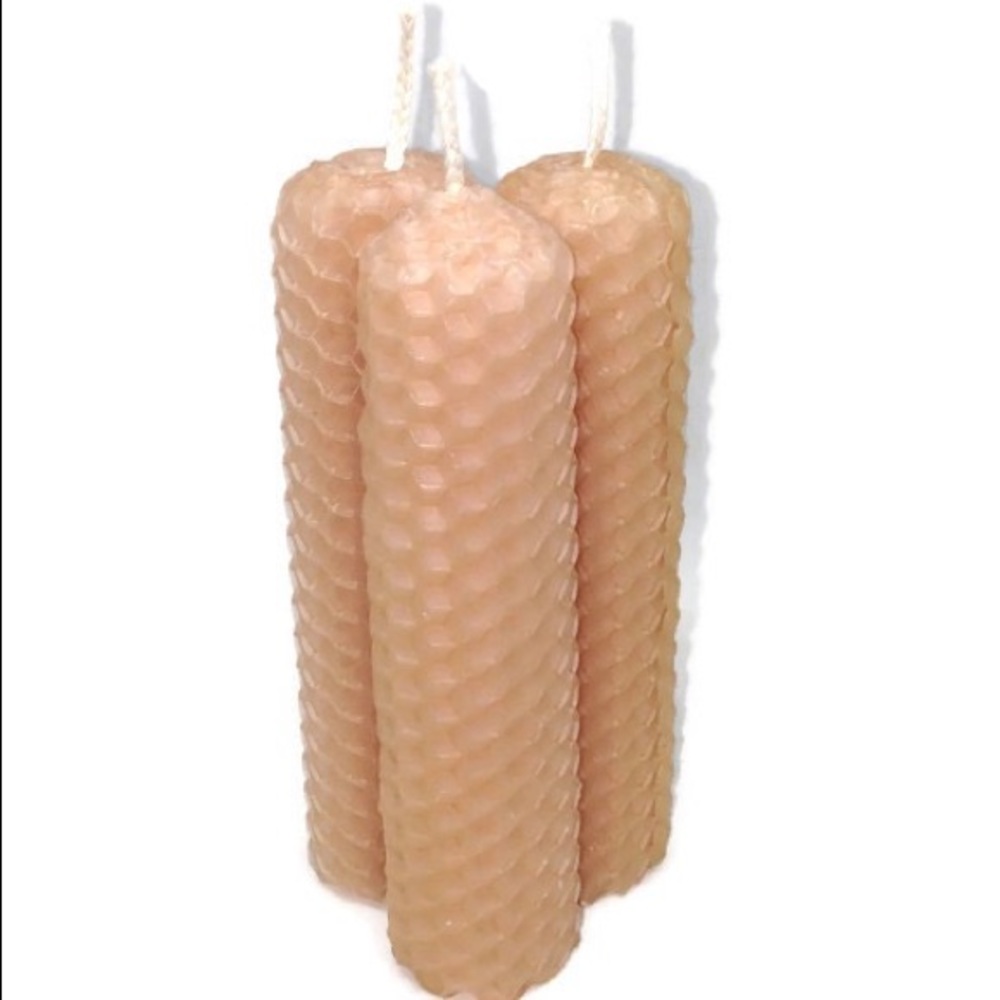 3 Rose gold hand rolled 3" pillar beeswax candles